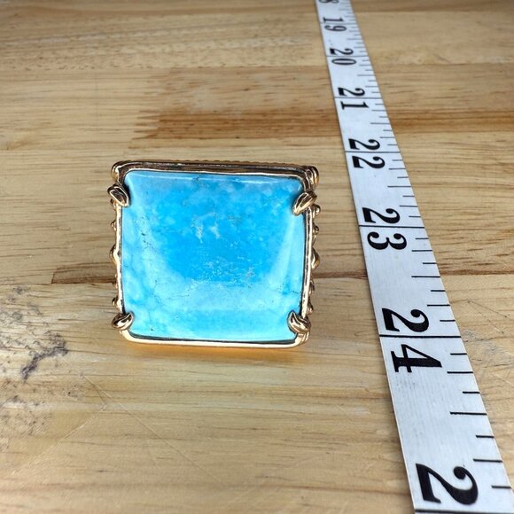 Large Turquoise Blue Square Stone Ring Size 8 With Ornate Gold-Toned Band Vintag - Picture 9 of 12